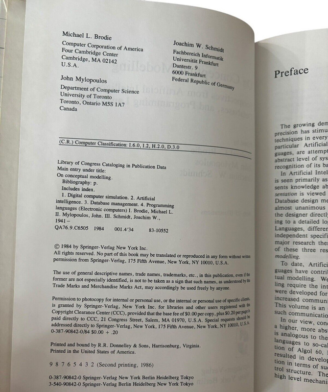 On Conceptual Modeling Hard Cover Brodie Mylopoulous Joachim Schmidt 2nd Print gallery