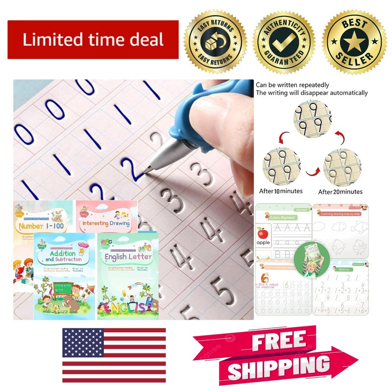 Magic Ink Reusable 4-in-1 Copybooks for Kids – Handwriting & Math Practice