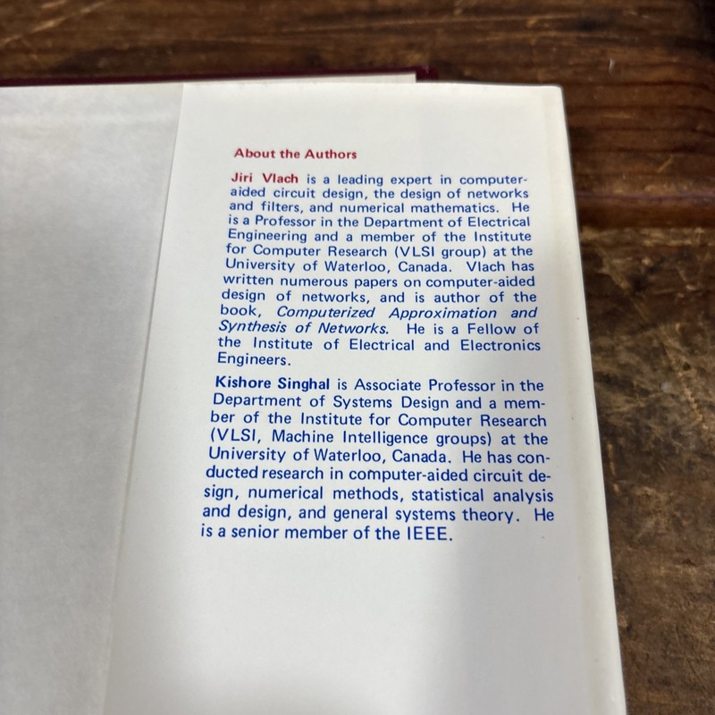 Computer Methods for Circuit Analysis and Design — Vlach & Singhal — 1983 HC gallery