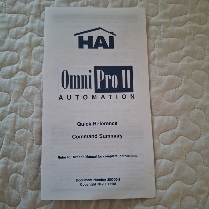 HAI Omni Pro 11 automation quick reference command summary 20C00-2 2001 Secutity
