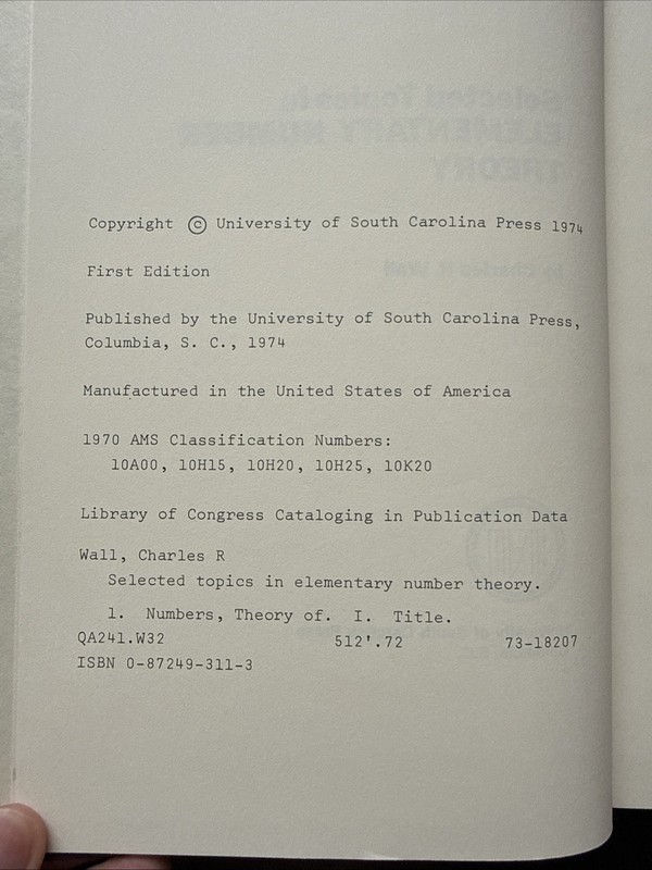 Selected Topics in Elementary Number Theory (1974) By C. Wall 1st Ed. HC DJ VG+ gallery