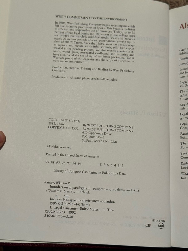 Introduction to Paralegalism By William Statsky 4th Fourth Edition Text Book gallery