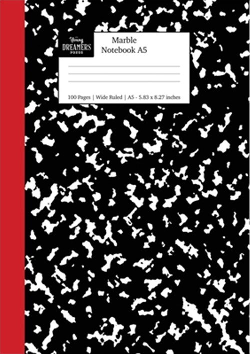 Marble Notebook A5: Black and Red Spine Marble Wide Rule Journal (Paperback or S