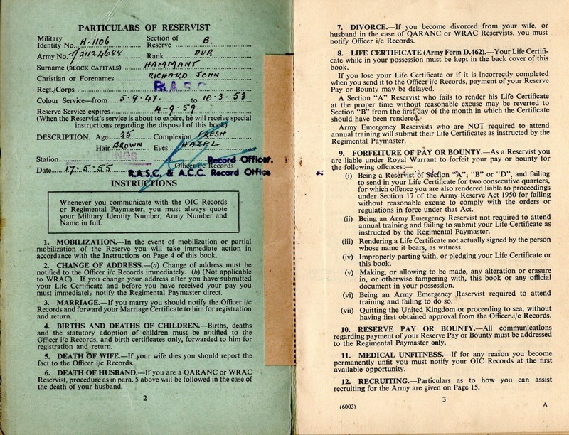 1947 BRITISH REGULAR or ARMY EMERGENCY RESERVIST’S INSTRUCTION BOOK 16 pages EC