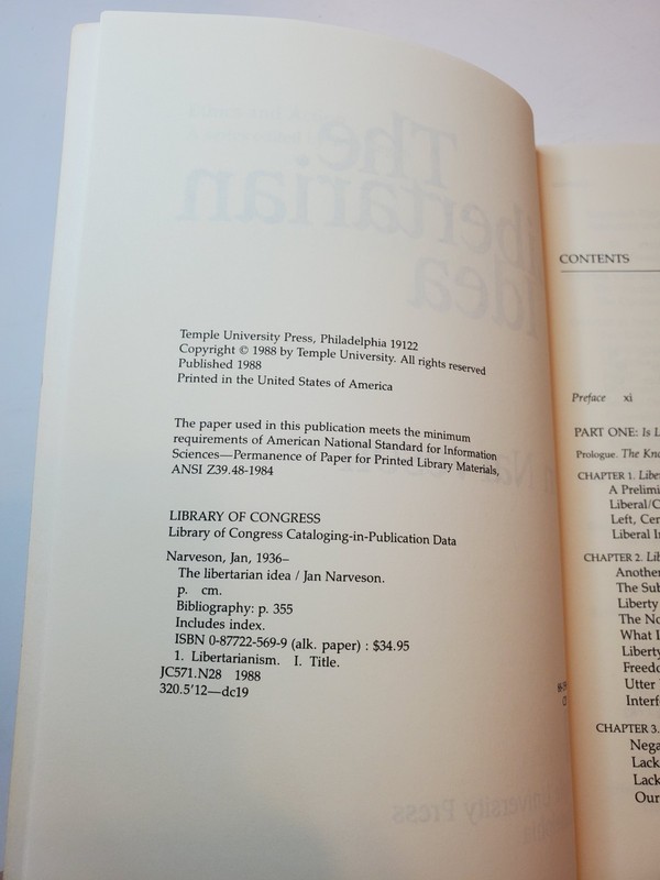 THE LIBERTARIAN IDEA Jan Narveson PB 1988 Temple University Moral Philosophy gallery