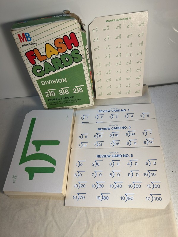 1987 Milton Bradley FLASH CARDS DIVISION 100 problems review answer cards SEE h7