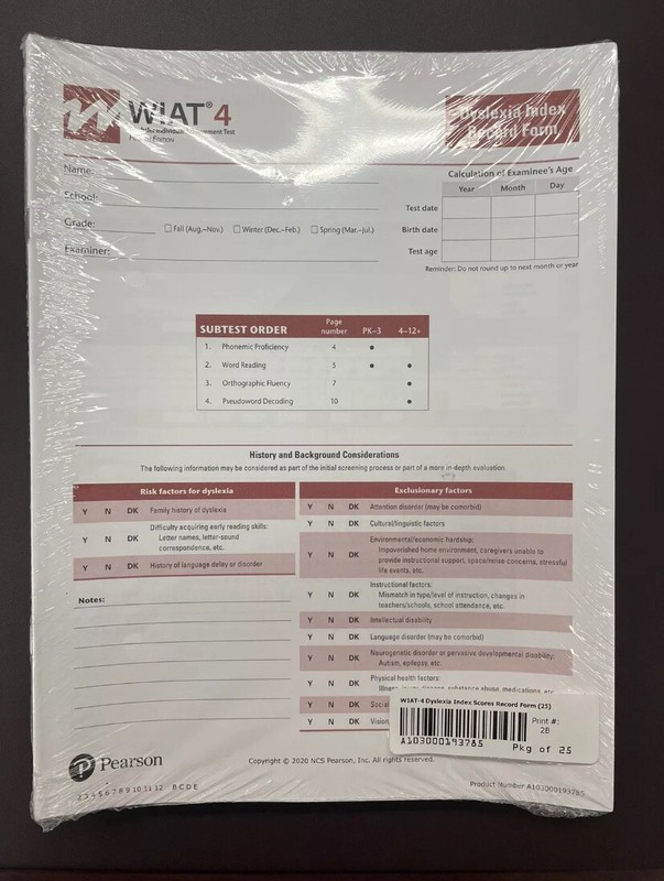 NIP WIAT-4 Wechsler Individual Dyslexia-4 Test Forms 2020: Lot of 25 MSRP $62.40