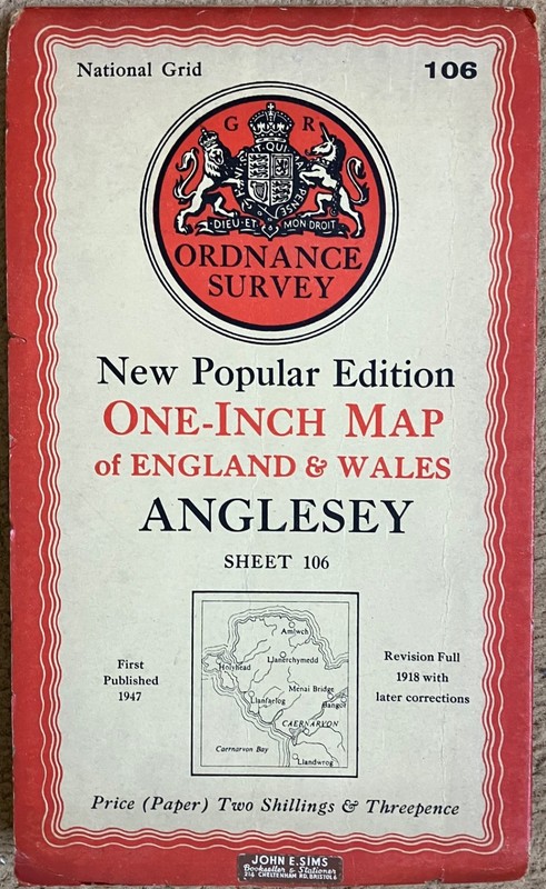 1947 Ordnance Survey New Popular Edition One Inch Map 106 Anglesey Wales