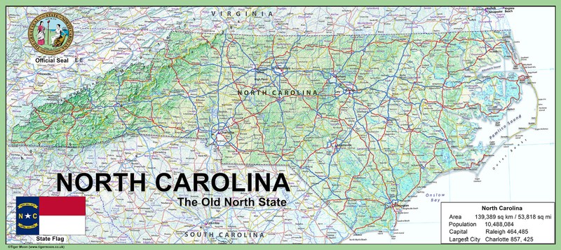 North Carolina USA Physical Map – Laminated 76.2cm x 33.9cm