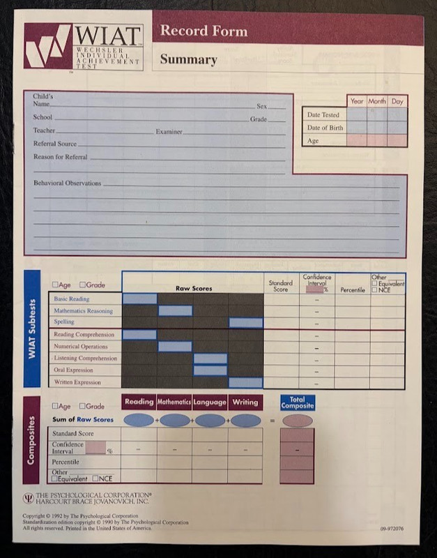 Wechsler Individual Achievement Test WIAT Record Forms