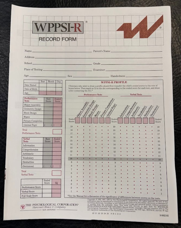 Wechsler Preschool & Primary Scale of Intelligence WPPSI-R Record Forms 18 Count