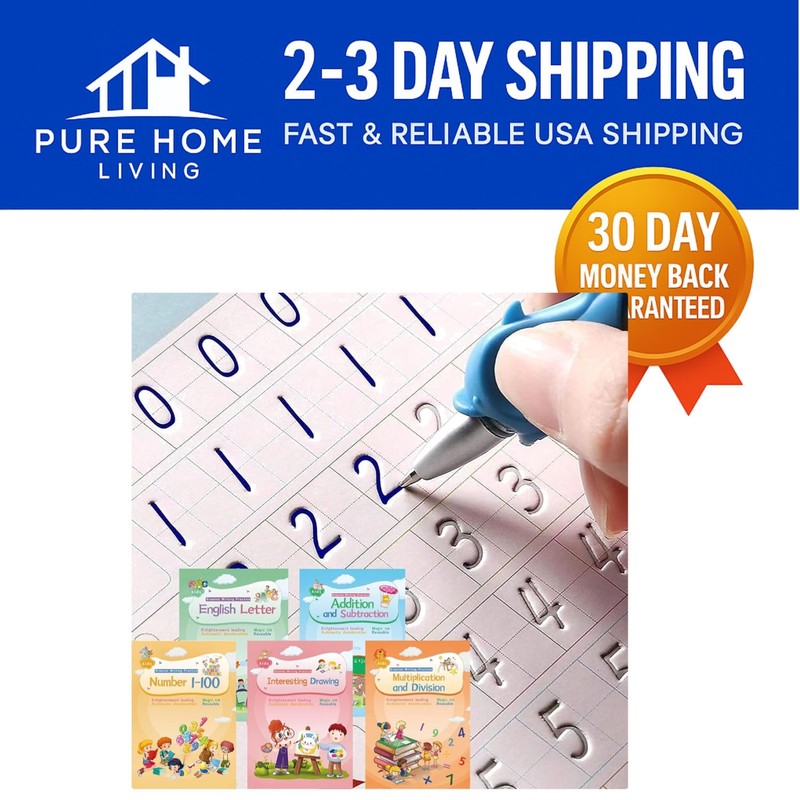 5-in-1 Kids Handwriting Magic Ink Copybooks with Silicone Grip Pen Aid