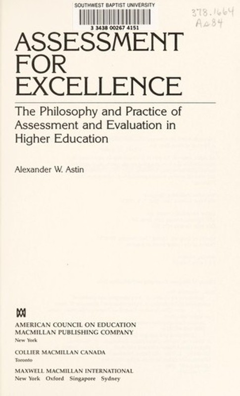 Assessment for Excellence Hardcover Alexander W. Astin