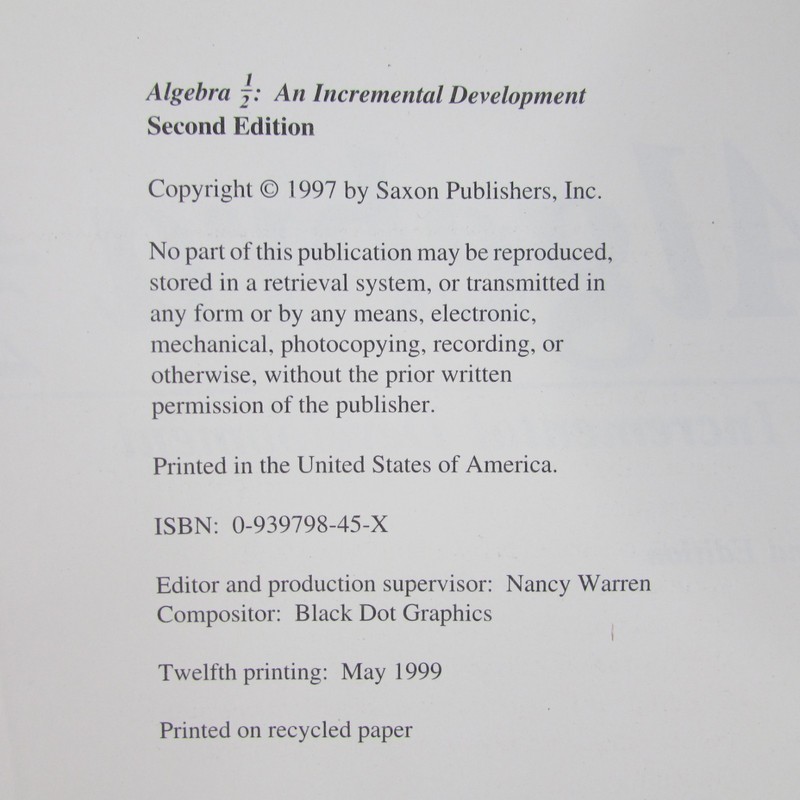 Algebra 1/2 Saxon Math Textbook Hardcover Second Edition John Saxon Homeschool gallery