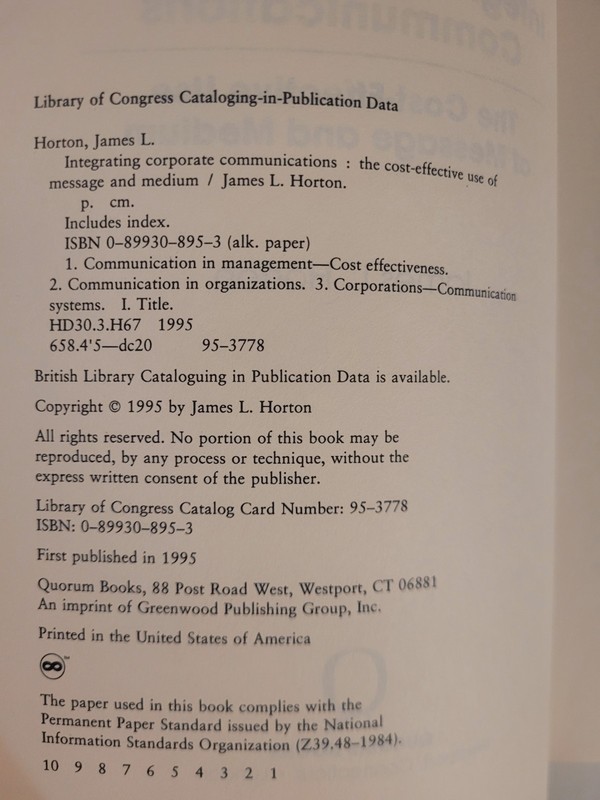 Integrating Corporate Communications by James L. Horton RARE (Quorum, 1995) gallery