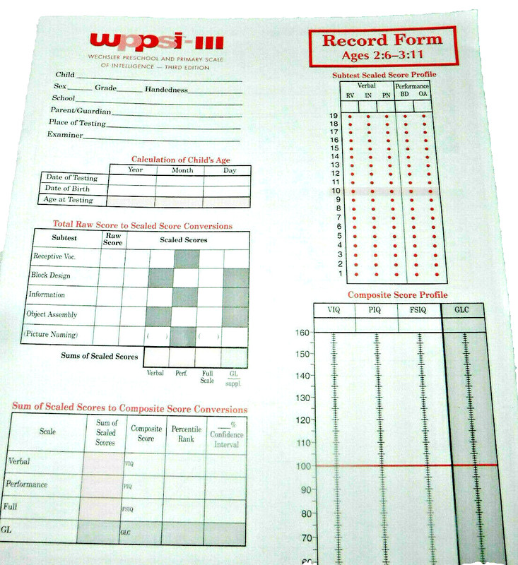 WPPSI-III Wechsler Preschool & Primary Scale Record Form Ages 2:6-3:11