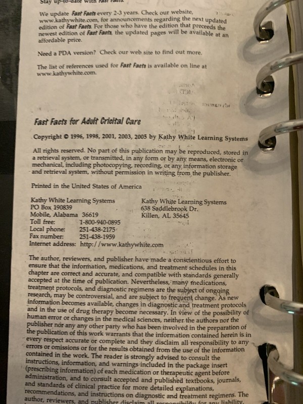 Fast Facts For Adult Critical Care By Kathy White (2005 Edition) gallery