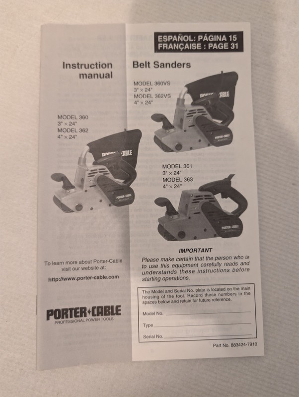 Porter Cable Belt Sanders 360 362 360vs 362vs 361 363 Owners Manual Only