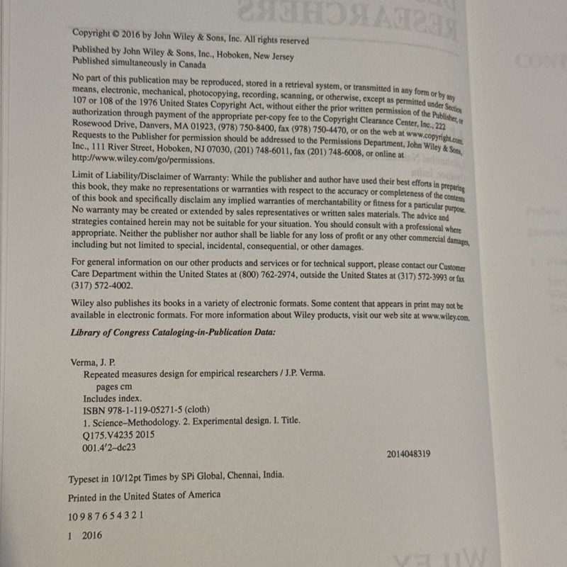 Brand New 2015 Wiley "Repeated Measures Design" J.P. Verma Empirical Research gallery