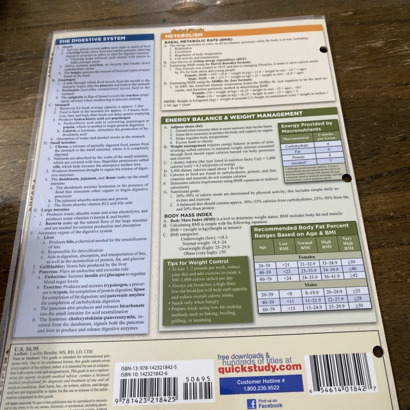 Nutrition; Quick Study Tri Fold Laminted Reference Guide - Brand New Bar Chart gallery