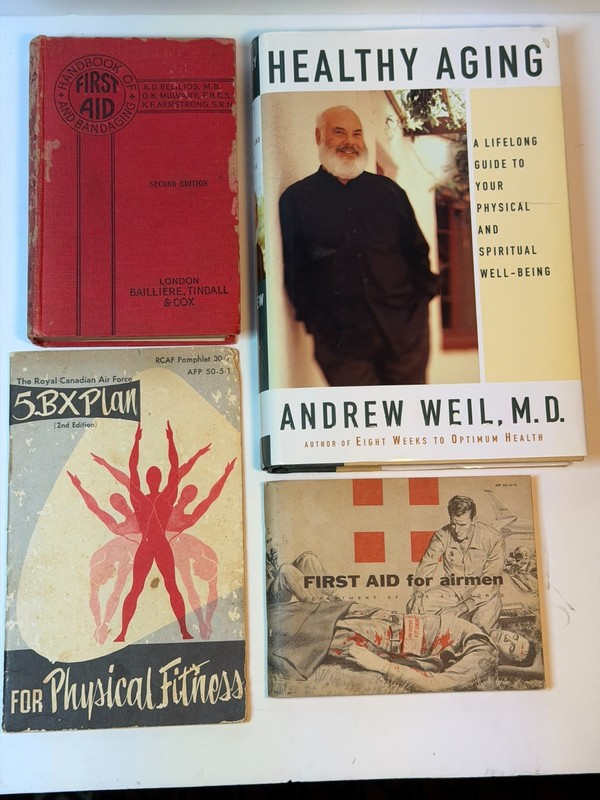 FOUR VINTAGE Books: Healthy Aging, Physical Fitness, First Aid 1944, & 1959