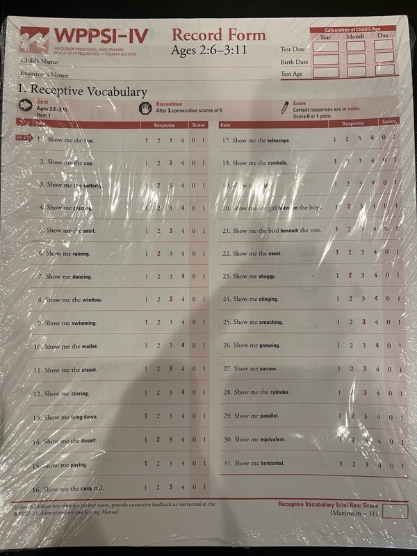 Wechsler Preschool & Primary Scale of Intelligence 4th Ed WPPSI-IV Record Forms