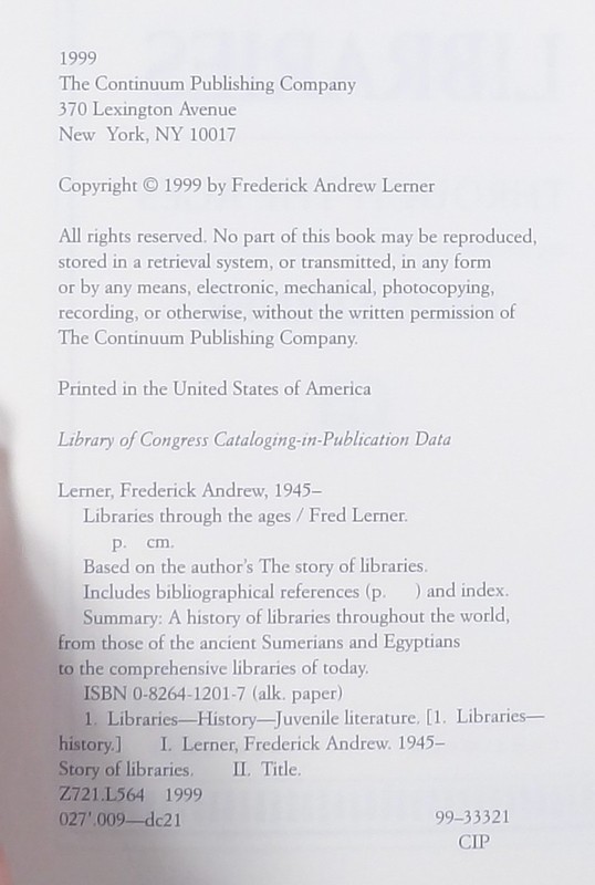 1999 Fred Lerner LIBRARIES THROUGH THE AGES history of book collections HC gallery