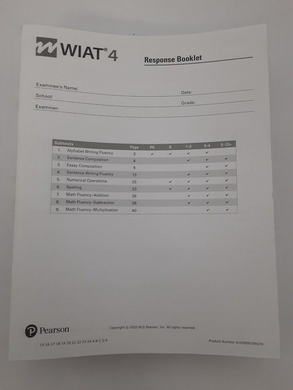 WIAT 4 Response Booklets by Pearson – set of 25 Unused