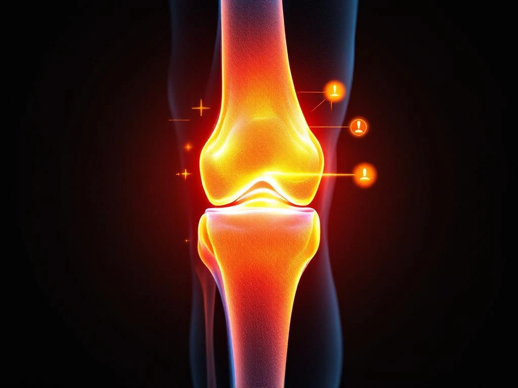 Anatomische dwarsdoorsnede van menselijke knie met oranje-rode belichting en waarschuwingssymbolen op zwarte achtergrond