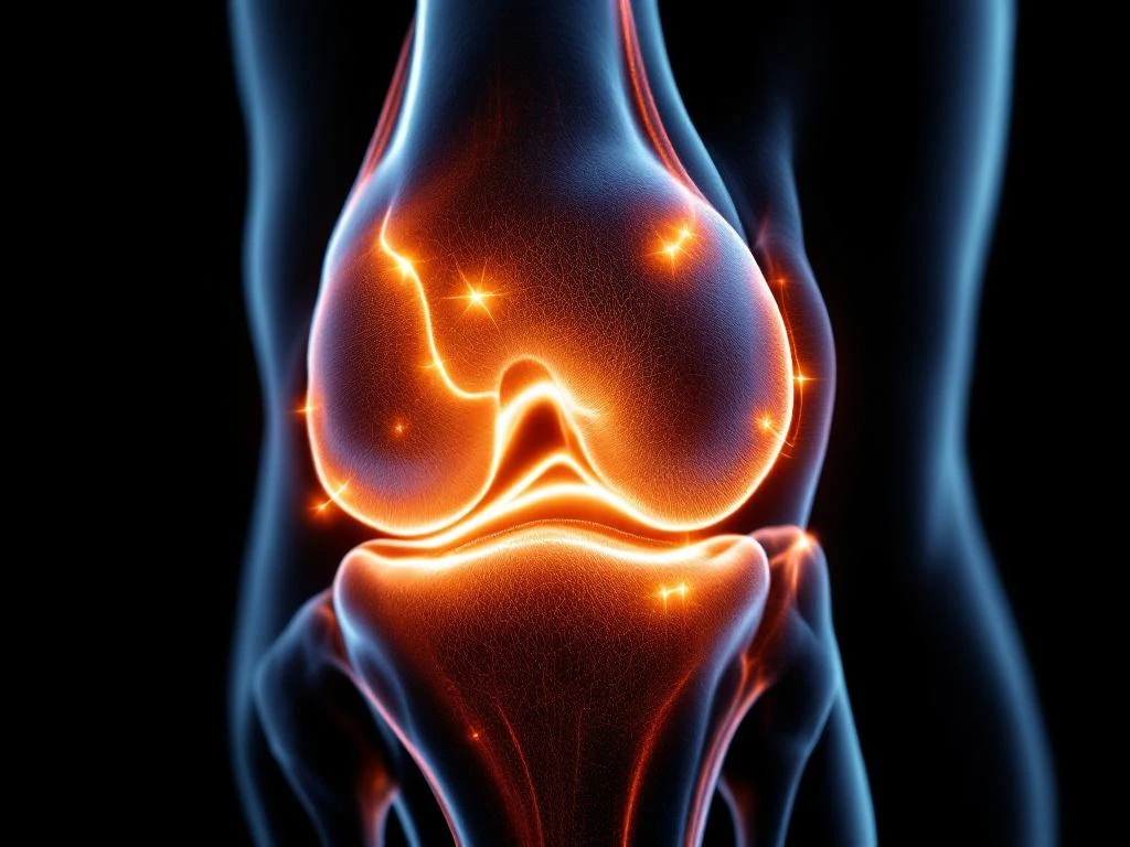 Anatomische dwarsdoorsnede van menselijke knie met botten, kraakbeen en pezen, ontstekingsgebieden in oranje-rood gemarkeerd
