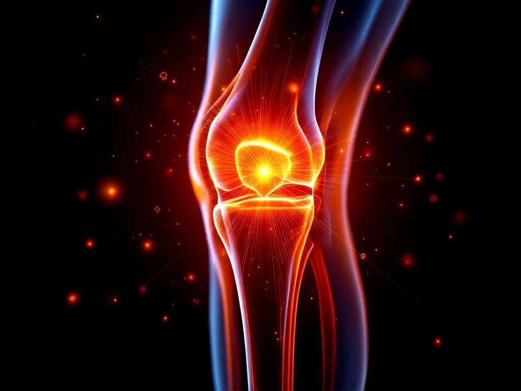 Menselijke knie in profiel met oranje-rode lichtstralen die genezing symboliseren tegen zwarte achtergrond
