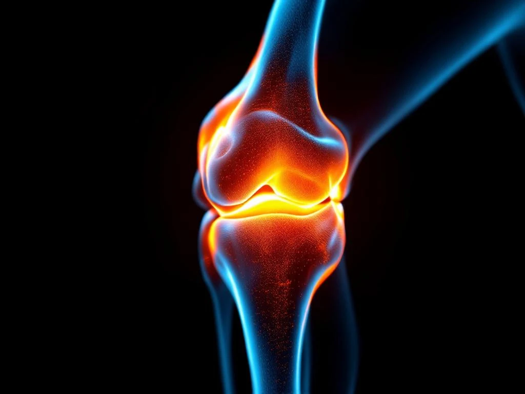 Knie gewricht in profiel met dramatische oranje-rode belichting tegen zwarte achtergrond, anatomische details zichtbaar