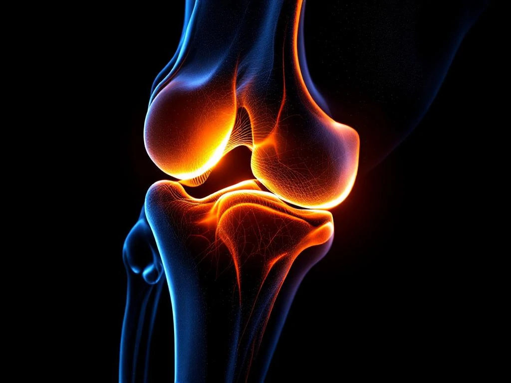 Menselijke knie in profiel met anatomische structuur, verlicht door oranje therapeutisch licht tegen zwarte achtergrond