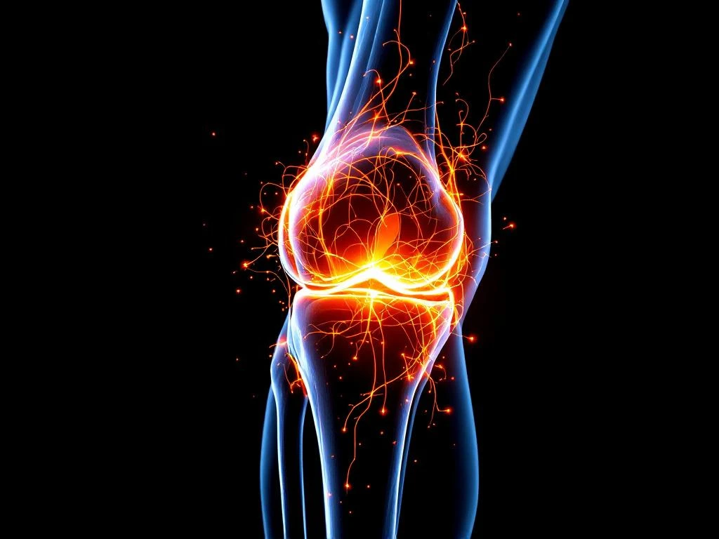 Doorsnede van menselijke knie met anatomische details, rode spanningslijnen en oranje drukpunten op zwarte achtergrond