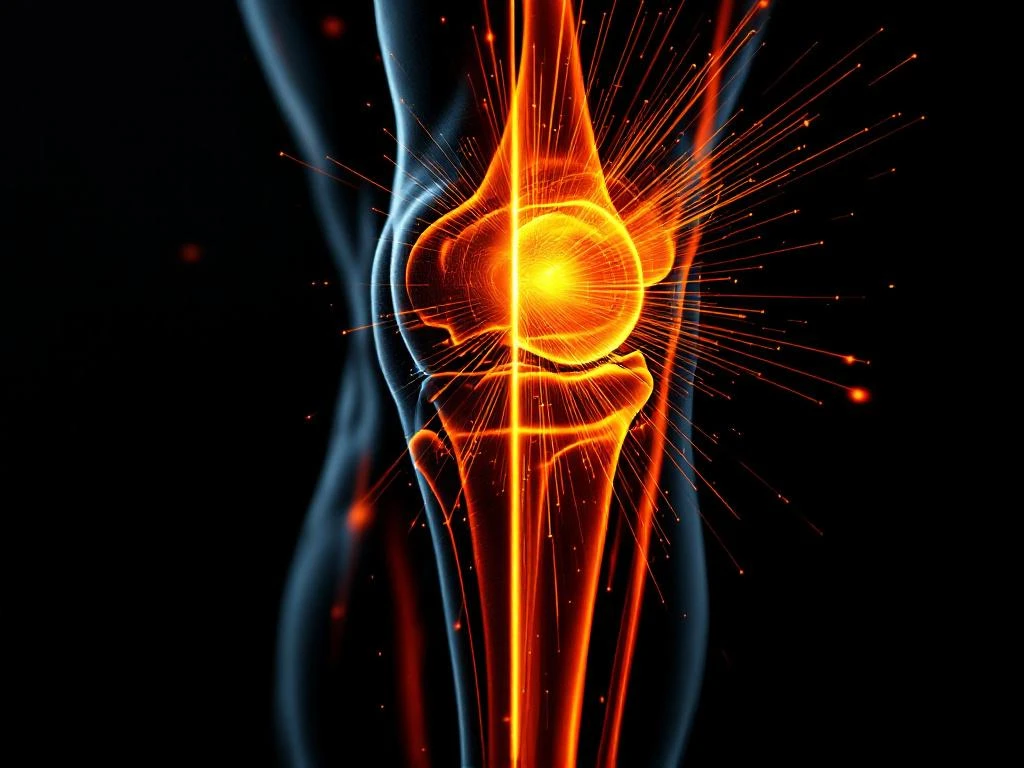 Menselijke knie in profiel: helft in rust met zwarte schaduwen, helft in beweging met oranje energielijnen