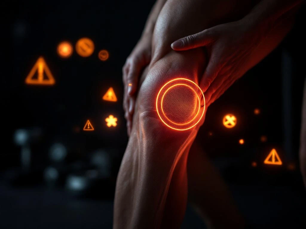 Menselijke knie in profiel met oranje waarschuwingssymbolen en onscherpe sportapparatuur op zwarte achtergrond