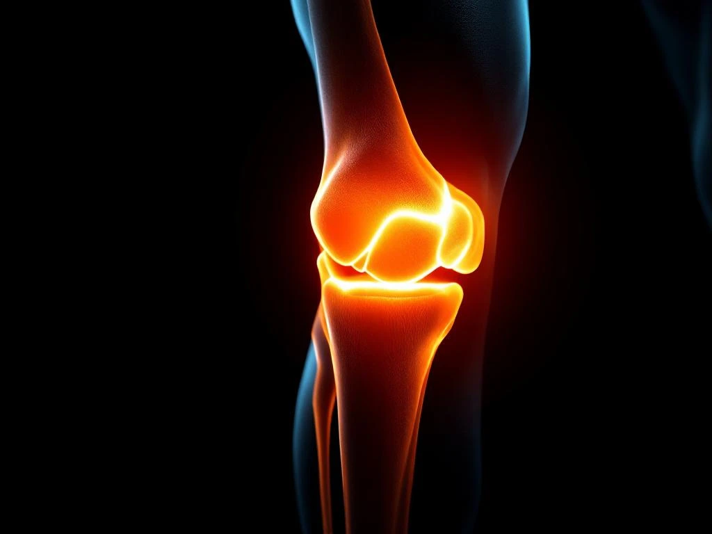 Menselijke knie in profiel met oranje medische belichting tegen zwarte achtergrond voor fysiotherapie artikel