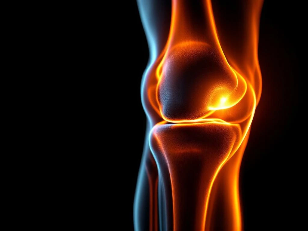 Menselijke knie in profiel met oranje belichting tegen zwarte achtergrond, anatomische details zichtbaar