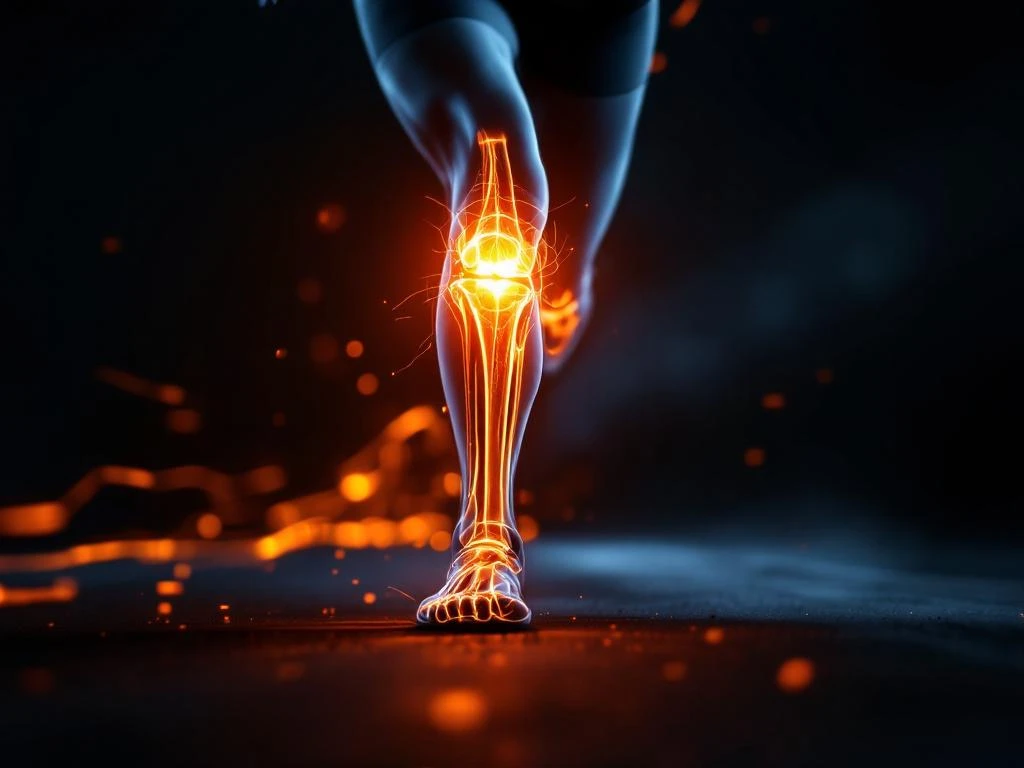 Atletische knie in beweging tijdens het hardlopen met oranje biomechanische verlichting die gezonde gewrichtsfunctie toont