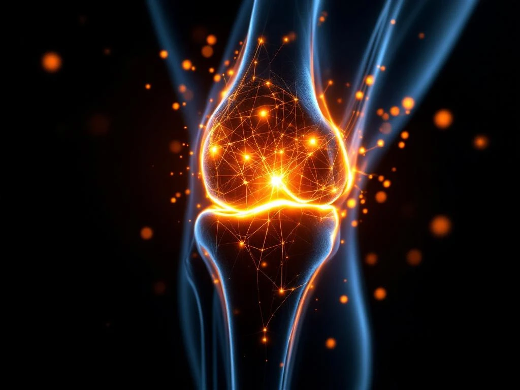 Doorsnede van kniegewricht met anatomische structuur en oranje energiestromen voor holistische genezing
