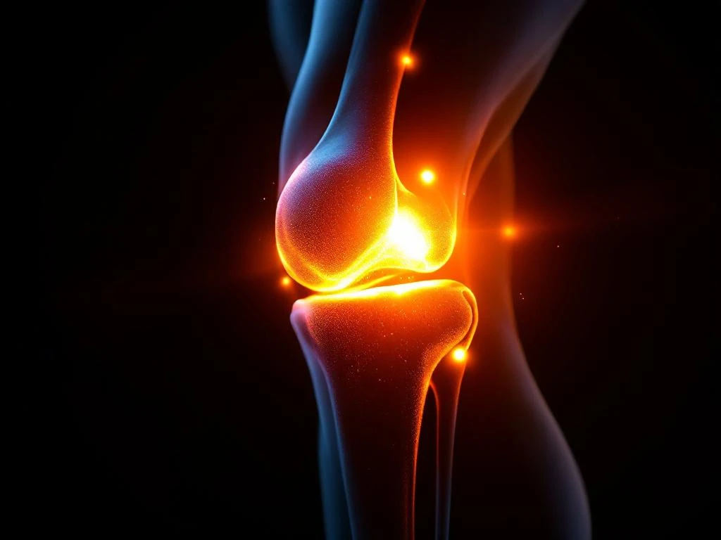 Menselijke knie in profiel met oranje verlichting die pijn en ontsteking weergeeft tegen zwarte achtergrond
