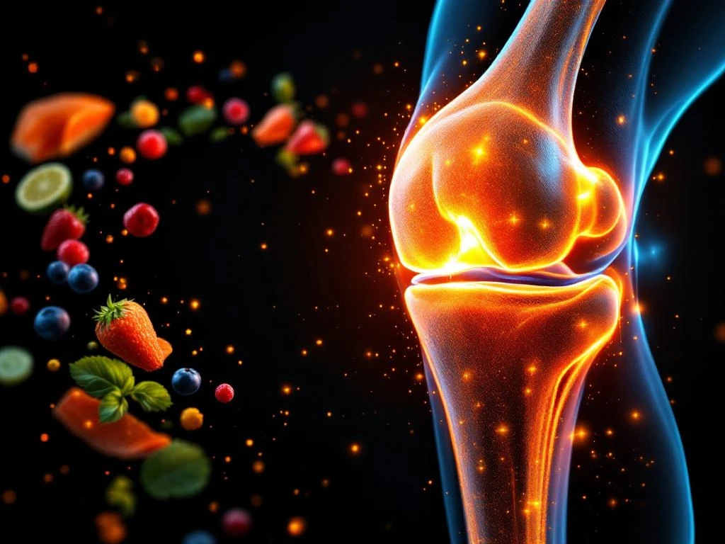 Doorsnede van gezonde knie met kraakbeen omringd door anti-inflammatoire voeding zoals zalm, groenten en bessen