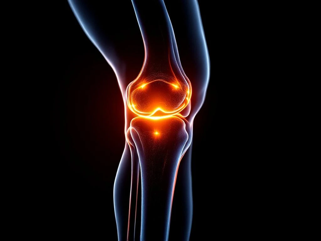Menselijke knie in profiel met oranje therapeutisch licht tegen zwarte achtergrond, medische anatomie visualisatie
