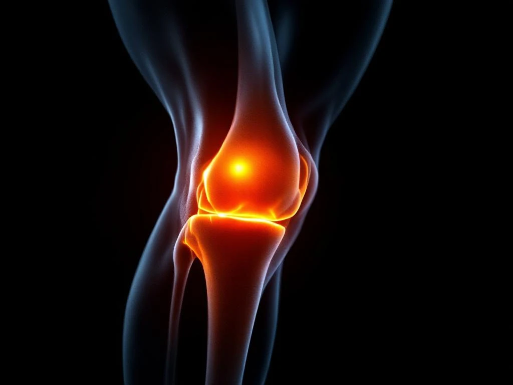 Menselijke knie in profiel met oranje therapeutische verlichting tegen zwarte achtergrond voor medische behandeling