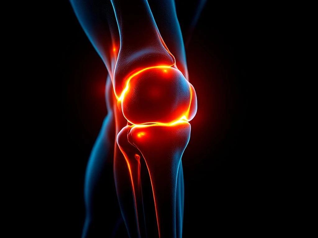 Menselijke knie in profiel met oranje verlichting die pijn en ontsteking benadrukt tegen zwarte achtergrond