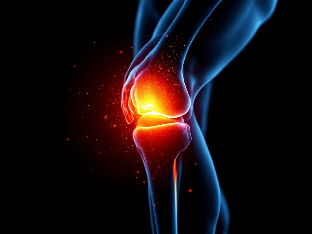 Menselijke knie in profiel met oranje therapeutisch licht dat genezing en pijnverlichting door natuurlijke bewegingstherapie symboliseert