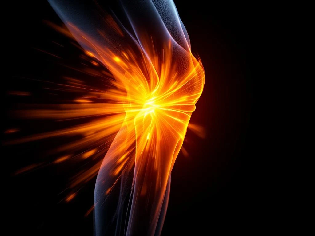 Knie in profiel met oranje medische verlichting tegen zwarte achtergrond, toont bewegingsblur en anatomische structuur