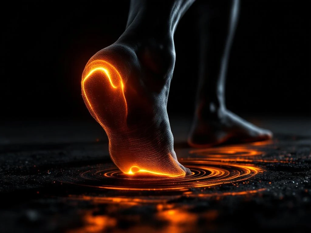 Lopende been met oranje gemarkeerde knie die pijn en ontsteking toont bij voetimpact op de grond