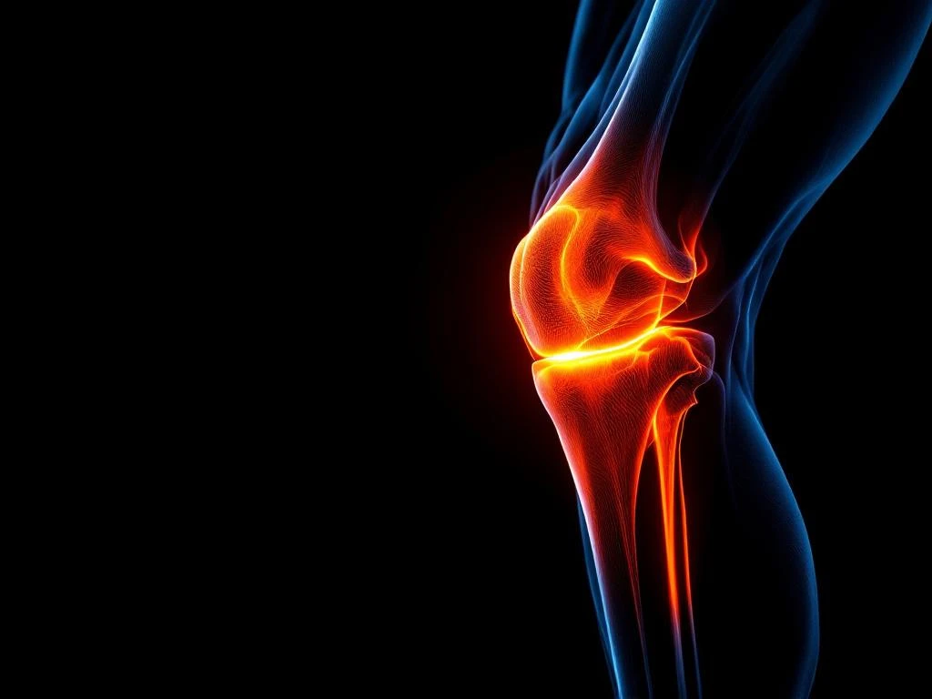 Menselijke knie in profiel met oranje verlichting tegen zwarte achtergrond, anatomische details zichtbaar