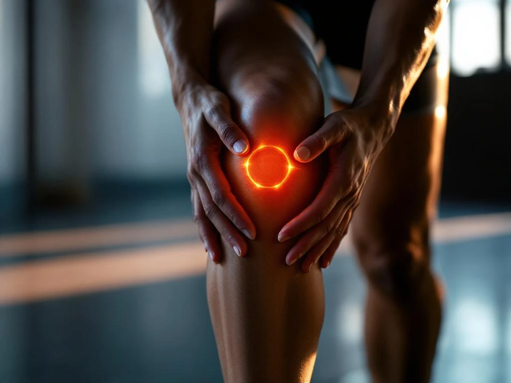 Persoon strekt knie met ondersteunende handen in fitnessruimte met dramatische oranje verlichting
